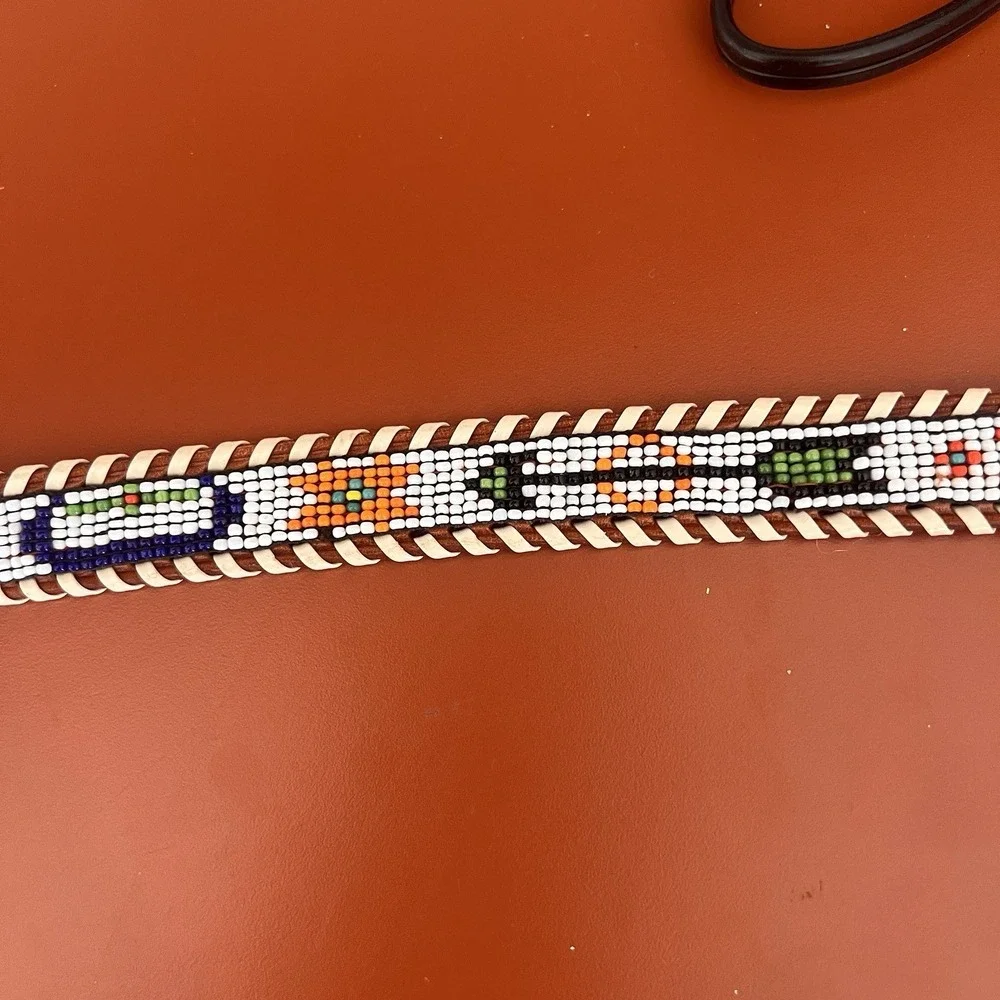 Vintage Leather Belt Child Toddler Southwest Beaded Eagle Seed Bead 30 inch